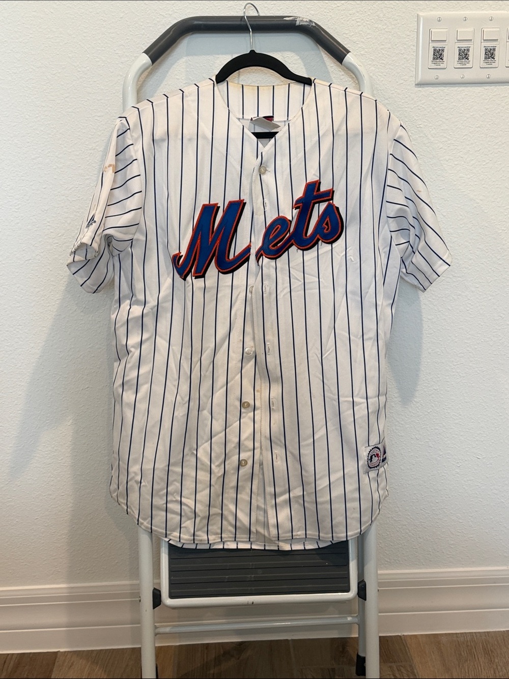 Majestic White Pinstripe Mets Team Jersey with Blue and Orange Script